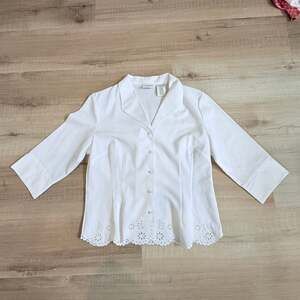 Vintage Covington White Eyelet Hem Button Down Shirt Size Petite M